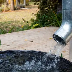 Woda z rynny spływa do czarnego zbiornika, zbierając deszczówkę.