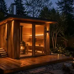 Drewniana sauna ogrodowa opalana drewnem, z palącym się piecem i oświetlonym wnętrzem, zaprasza do relaksu w otoczeniu nocnego ogrodu.