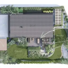 Projekt ogrodu z domem, tarasami, placem zabaw i panelem fotowoltaicznym. Idealny plan, jak urządzić ogród.