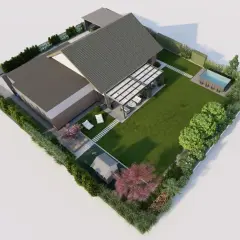 Nowoczesny ogród z basenem, pergolą i placem zabaw. Taki projekt to świetny kosztorys ogrodu przykład.