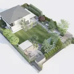 Nowoczesny dom z pięknym ogrodem, stworzony dzięki projektowaniu ogrodu online. Widać trawnik, rabaty, drzewa i altanę.