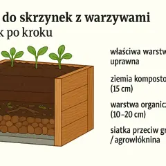 Warstwowa gleba do skrzyń z warzywami: siatka, warstwa organiczna, ziemia kompostowa i warstwa uprawna. Idealne czym wypełnić skrzynie na warzywa.