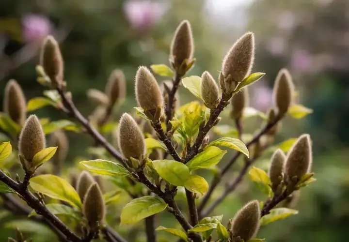 Puszyste pąki magnolii po przekwitnięciu, z zielonymi liśćmi w tle.