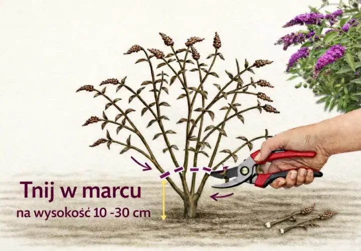 Kiedy ciąć budleję? W marcu, na wysokość 10-30 cm. Pokazano przycinanie sekatorami.