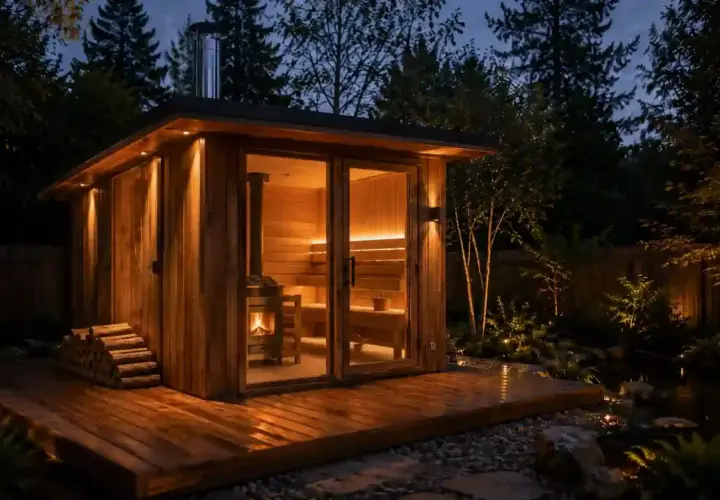 Drewniana sauna ogrodowa opalana drewnem, z palącym się piecem i oświetlonym wnętrzem, zaprasza do relaksu w otoczeniu nocnego ogrodu.