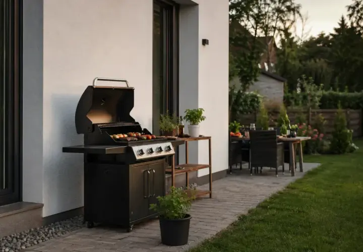 Nowoczesny grill w ogrodzie, gotowy na letnie przyjęcie. Na ruszcie szaszłyki, obok stolik z ziołami i doniczką. W tle stół z krzesłami i zielony trawnik.