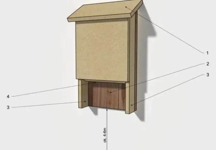 Budka dla nietoperzy projekt: schemat drewnianej budki z zaznaczonymi elementami i sugerowaną wysokością montażu (ok. 4-6m).