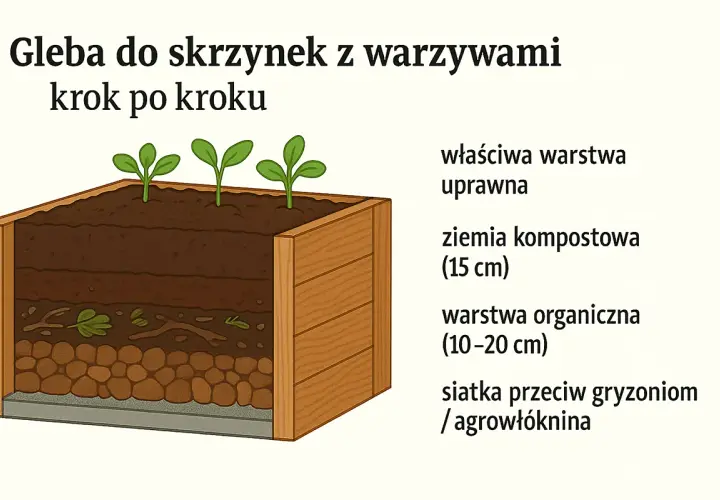 Warstwowa gleba do skrzyń z warzywami: siatka, warstwa organiczna, ziemia kompostowa i warstwa uprawna. Idealne czym wypełnić skrzynie na warzywa.