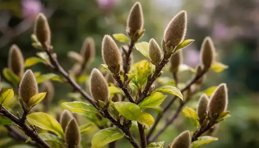 Puszyste pąki magnolii po przekwitnięciu, z zielonymi liśćmi w tle.