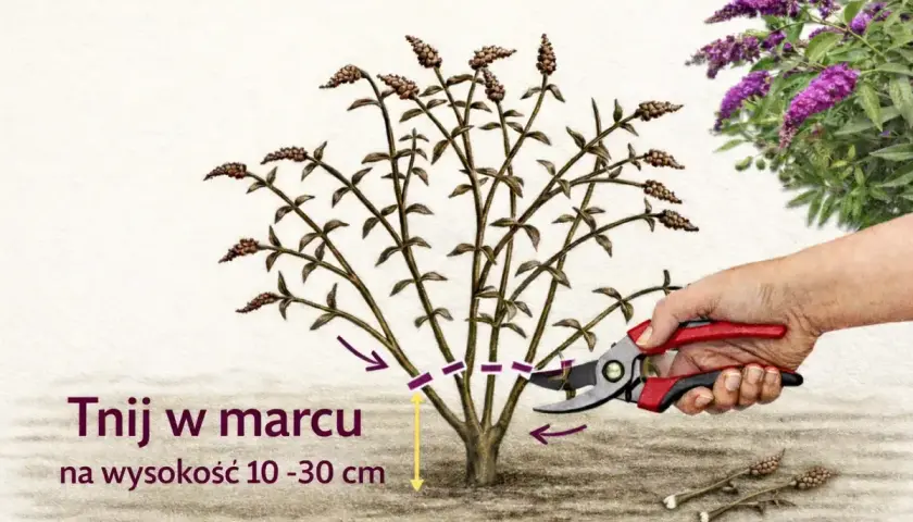 Kiedy ciąć budleję? W marcu, na wysokość 10-30 cm. Pokazano przycinanie sekatorami.
