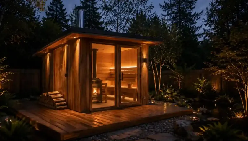 Drewniana sauna ogrodowa opalana drewnem, z palącym się piecem i oświetlonym wnętrzem, zaprasza do relaksu w otoczeniu nocnego ogrodu.