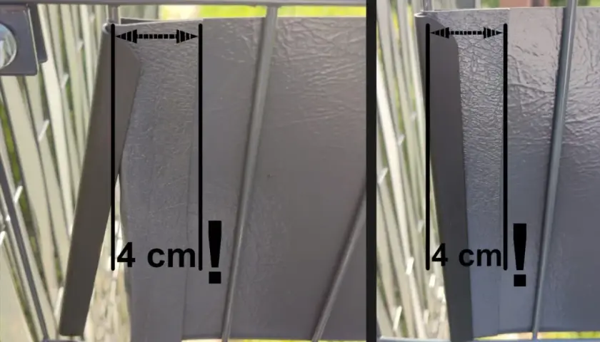 Szary panel ogrodzeniowy z zaznaczonym wymiarem 4 cm. Kluczowy element montażu taśmy ogrodzeniowej.