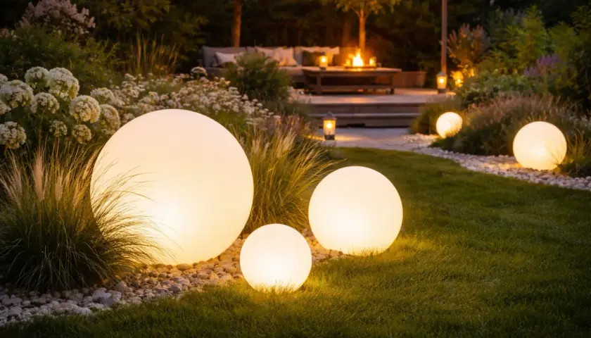 Ogród nocą rozświetlony kulistymi lampami solarnymi, tworzącymi magiczną atmosferę.