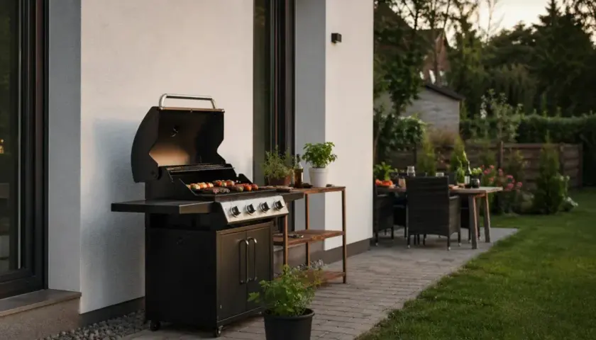 Nowoczesny grill w ogrodzie, gotowy na letnie przyjęcie. Na ruszcie szaszłyki, obok stolik z ziołami i doniczką. W tle stół z krzesłami i zielony trawnik.