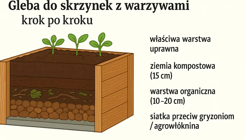 Warstwowa gleba do skrzyń z warzywami: siatka, warstwa organiczna, ziemia kompostowa i warstwa uprawna. Idealne czym wypełnić skrzynie na warzywa.