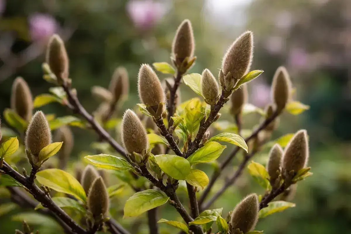 Puszyste pąki magnolii po przekwitnięciu, z zielonymi liśćmi w tle.