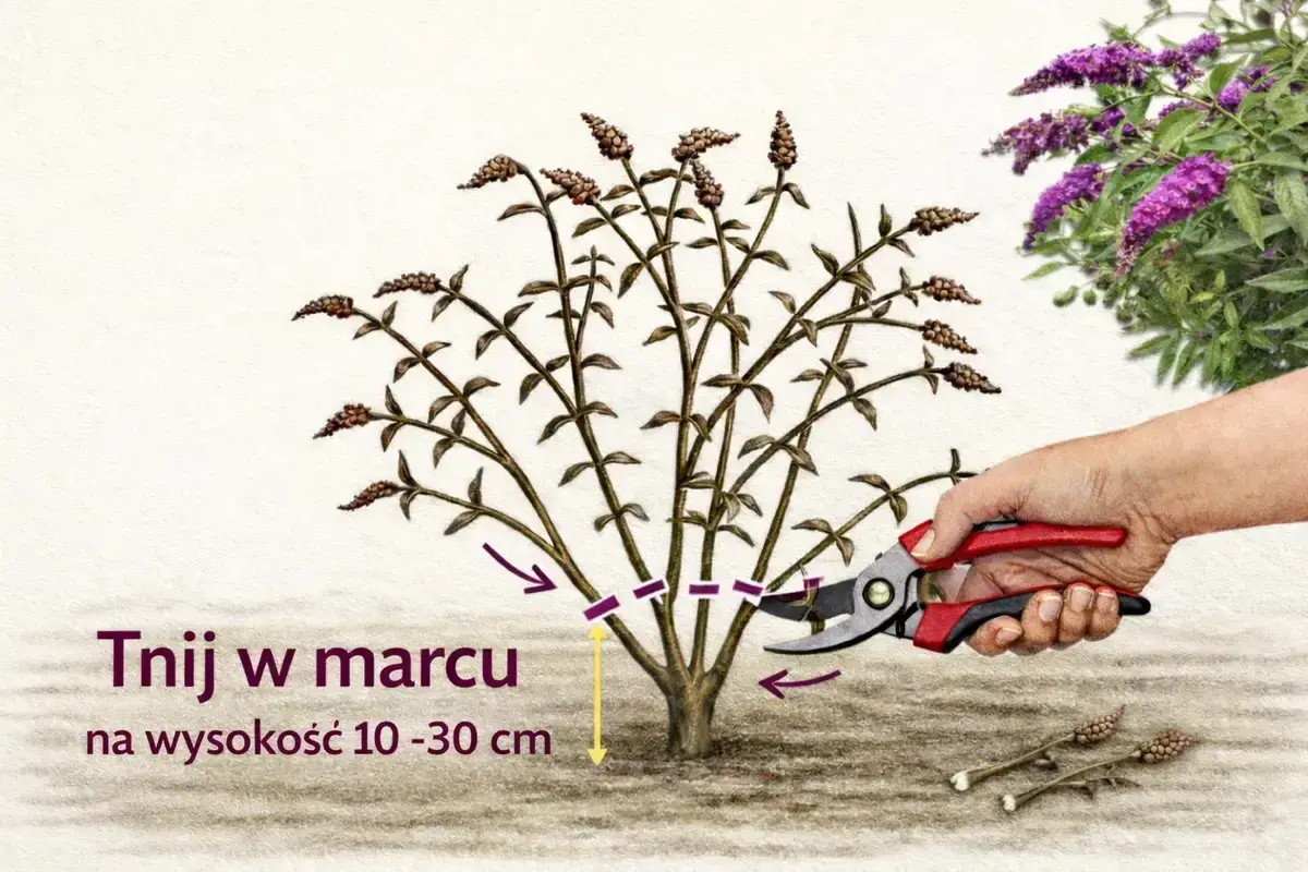 Kiedy ciąć budleję? W marcu, na wysokość 10-30 cm. Pokazano przycinanie sekatorami.