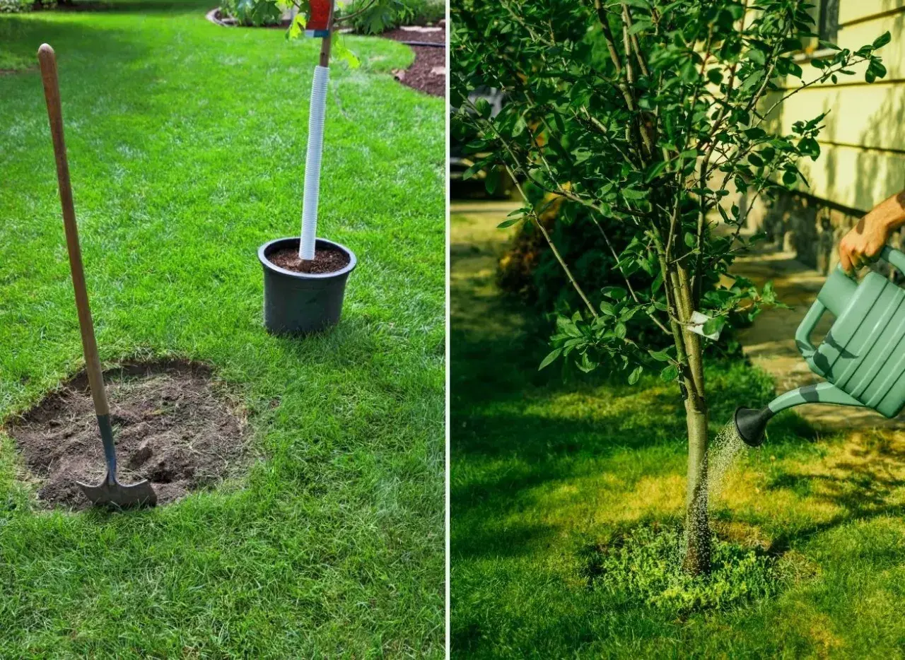 Przygotowanie do sadzenia drzew w ogrodzie: łopata obok dołka, młode drzewko w donicy i podlewanie.