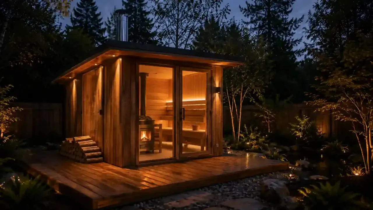 Drewniana sauna ogrodowa opalana drewnem, z palącym się piecem i oświetlonym wnętrzem, zaprasza do relaksu w otoczeniu nocnego ogrodu.