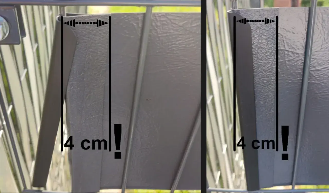 Szary panel ogrodzeniowy z zaznaczonym wymiarem 4 cm. Kluczowy element montażu taśmy ogrodzeniowej.