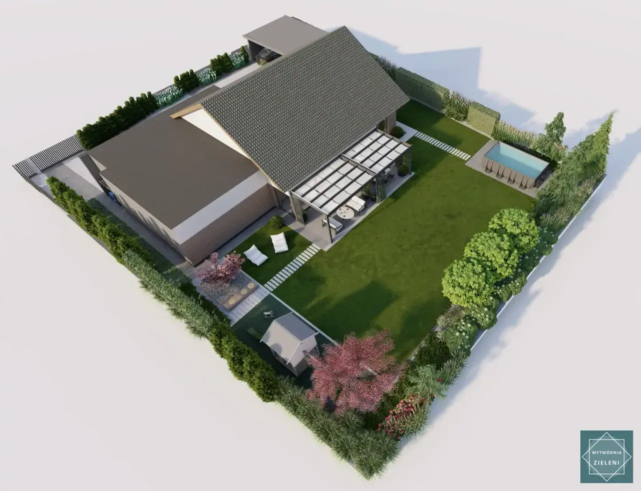 Nowoczesny ogród z basenem, pergolą i placem zabaw. Taki projekt to świetny kosztorys ogrodu przykład.