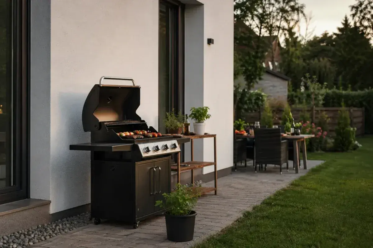 Nowoczesny grill w ogrodzie, gotowy na letnie przyjęcie. Na ruszcie szaszłyki, obok stolik z ziołami i doniczką. W tle stół z krzesłami i zielony trawnik.