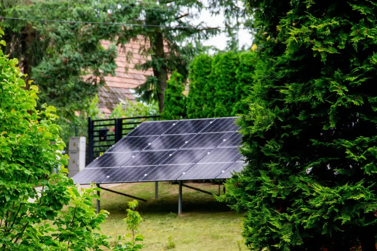 Panele fotowoltaiczne w ogrodzie, otoczone zielenią, czerpią energię ze słońca.