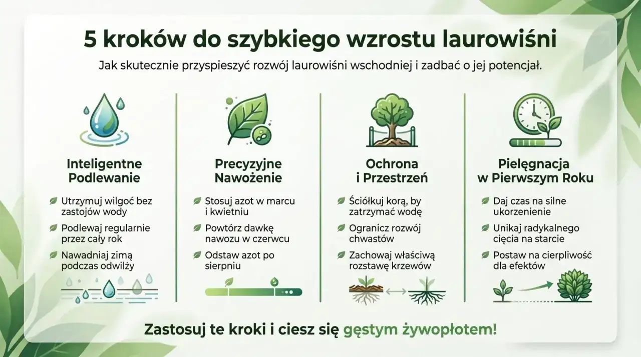 Precyzyjne nawożenie laurowiśni: stosuj azot w marcu, kwietniu i czerwcu, a potem odstaw go po sierpniu.