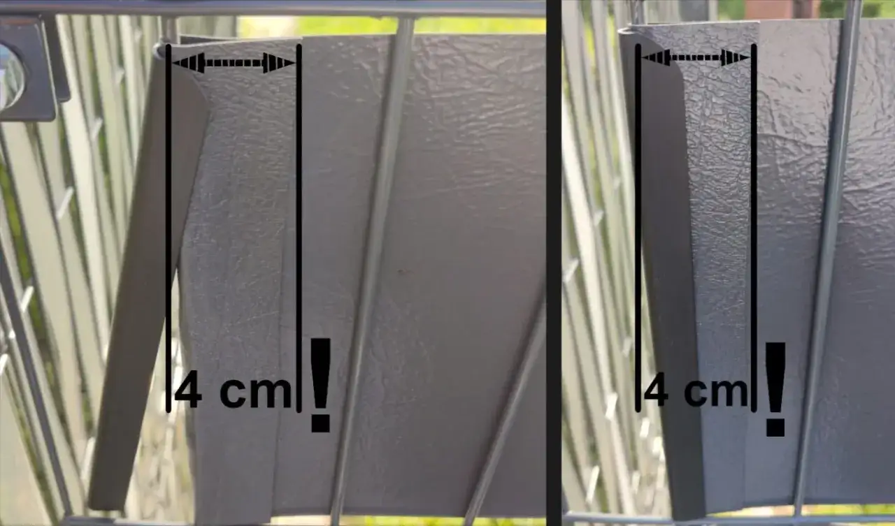 Szary panel ogrodzeniowy z zaznaczonym wymiarem 4 cm. Wskaz&oacute;wka do montażu taśmy ogrodzeniowej.