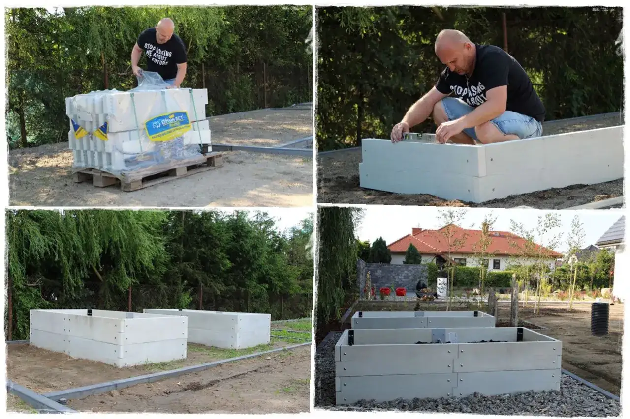 Jak zrobić warzywnik betonowy: montaż podwyższonych grządek z element&oacute;w betonowych.